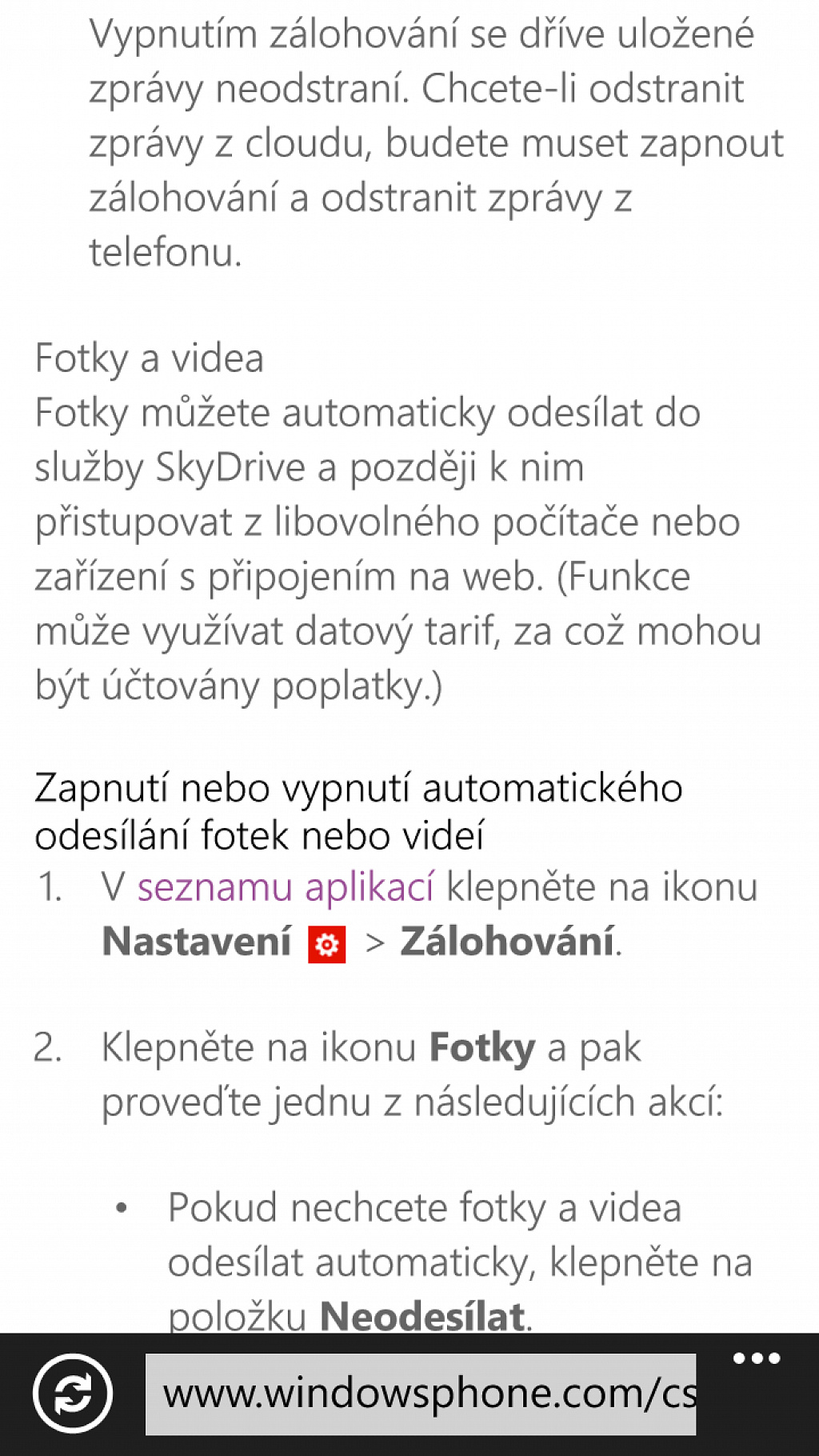 WP8 zálohování