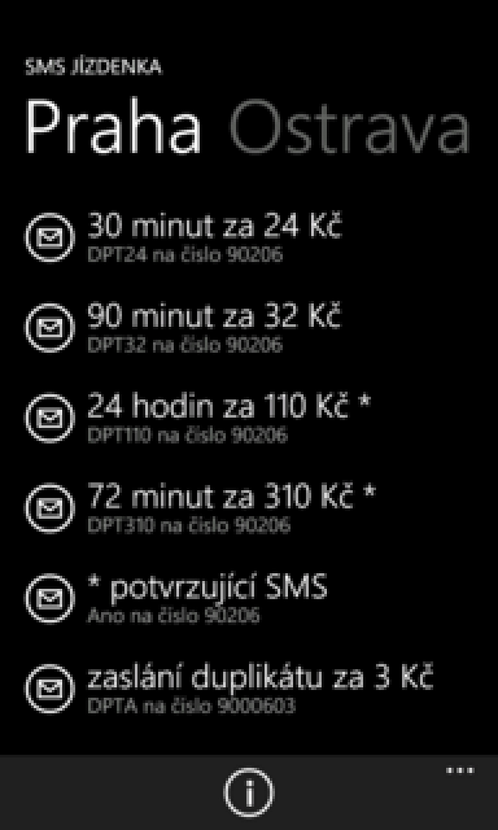 SMS jízdenka pro Windows Phone7