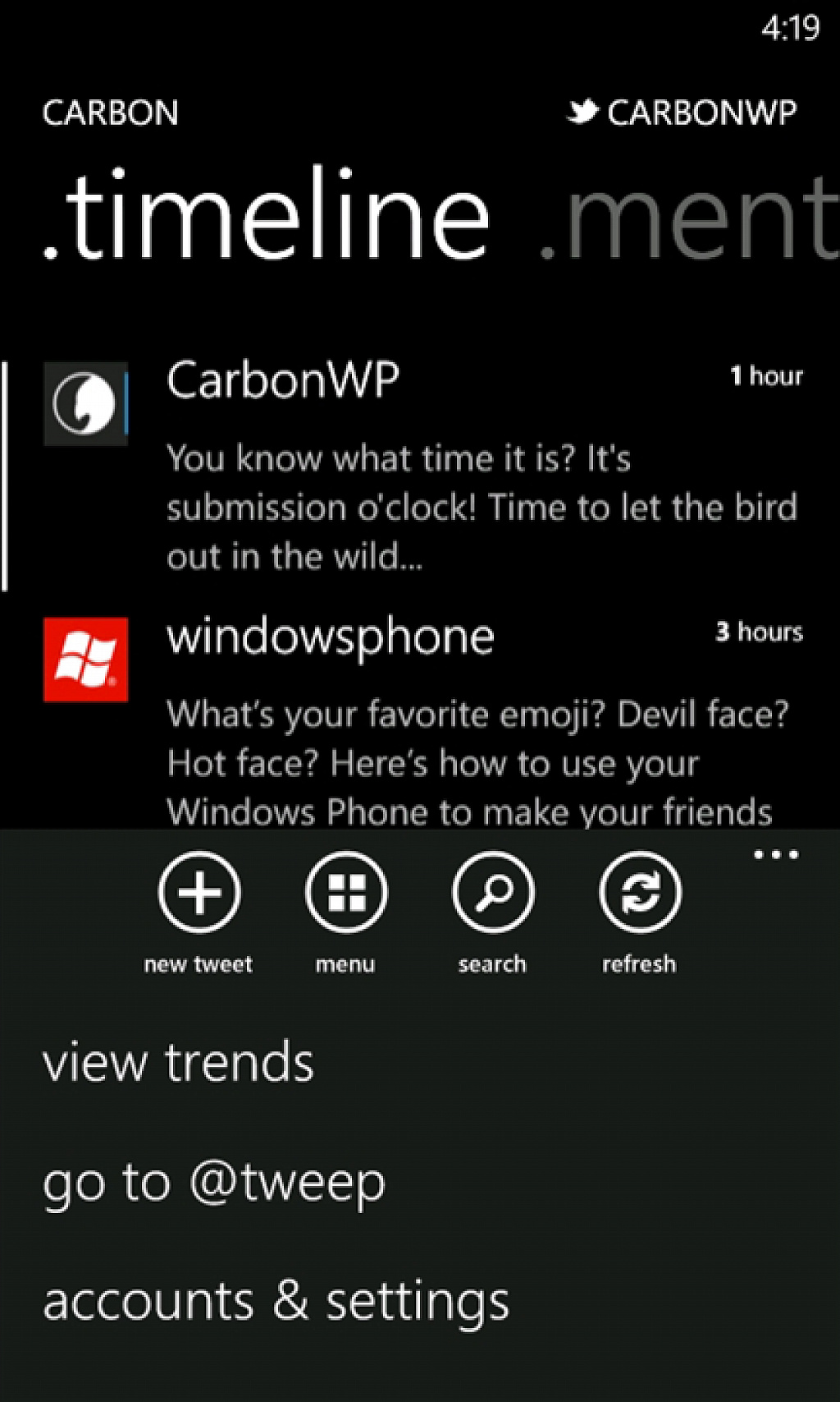 Carbon Twitter Windows Phone