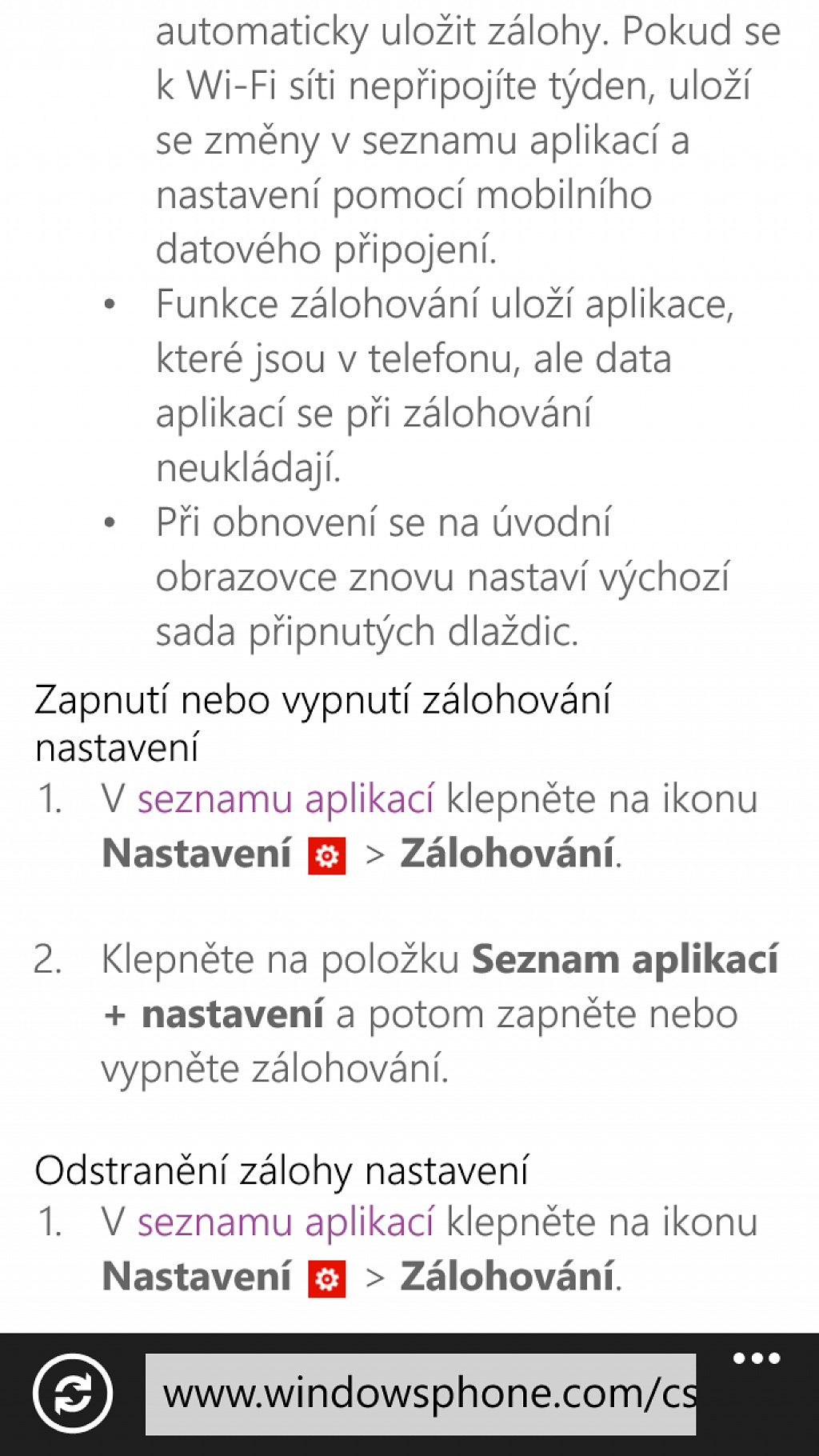 WP8 zálohování