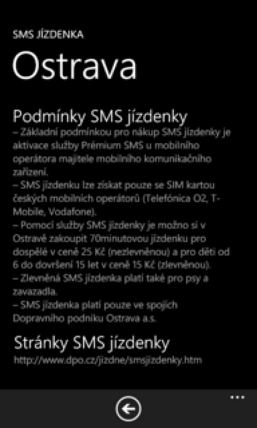 SMS jízdenka pro Windows Phone7