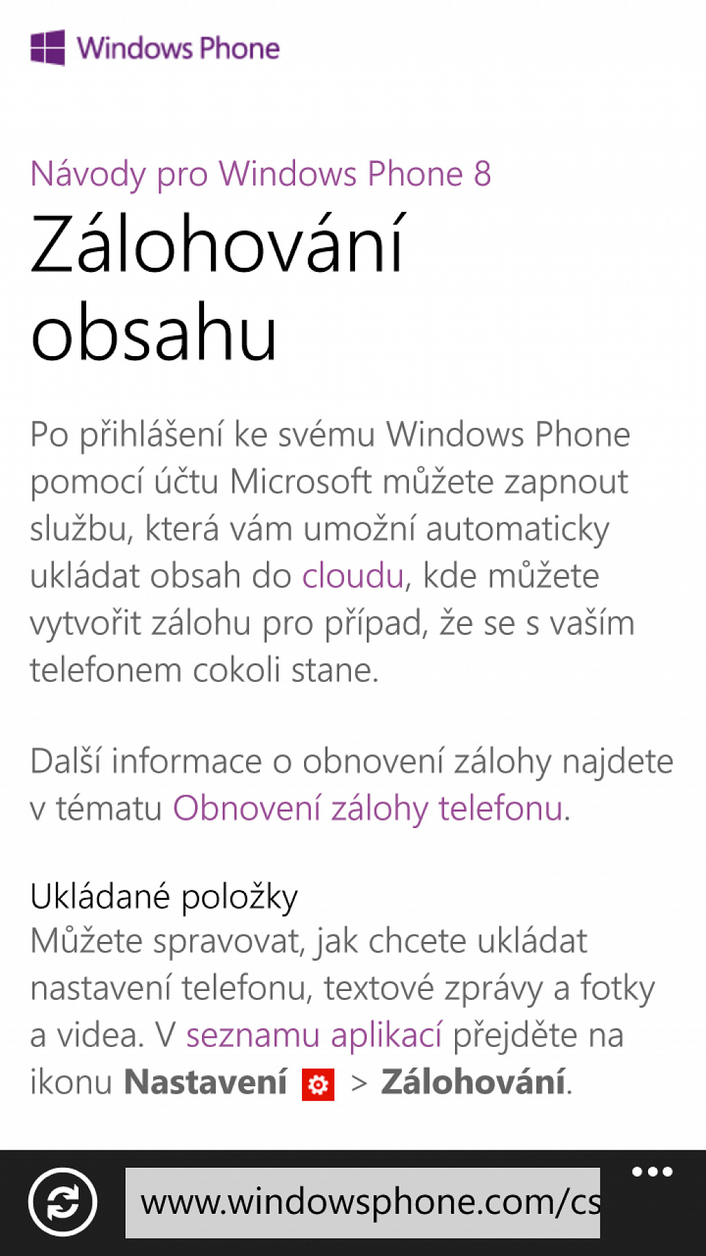 WP8 zálohování